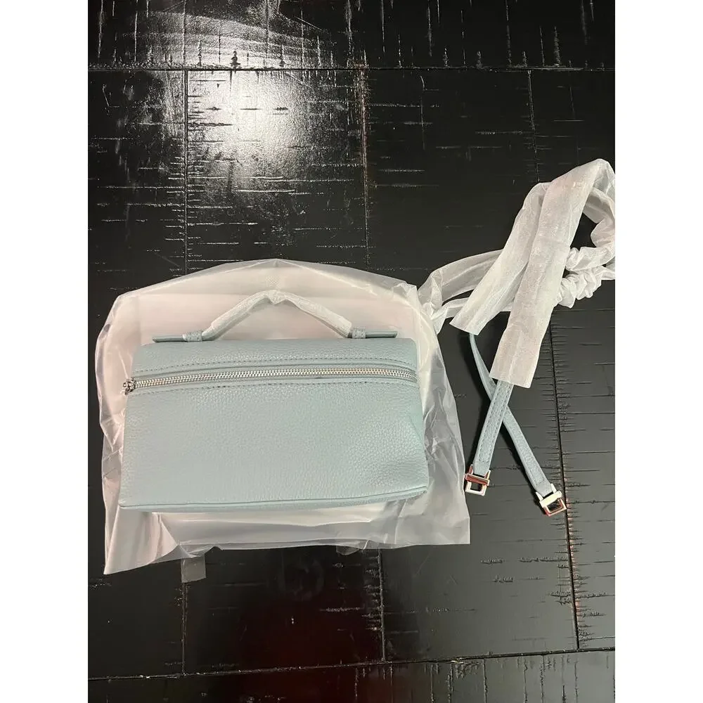 New Blue Grained Faux Leather Extra Pocket L19 Top Handle Crossbody Purse Bag